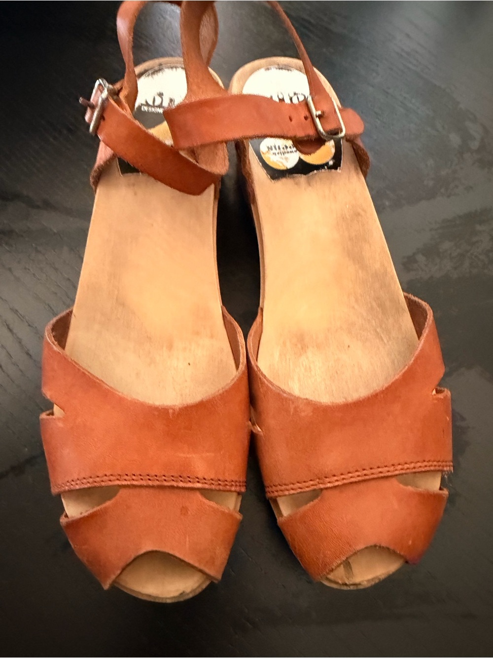 Swedish Hasbeens Debutant Cognac Leather Slingback Platform Clog Sandals size 39 - Picture 10 of 13